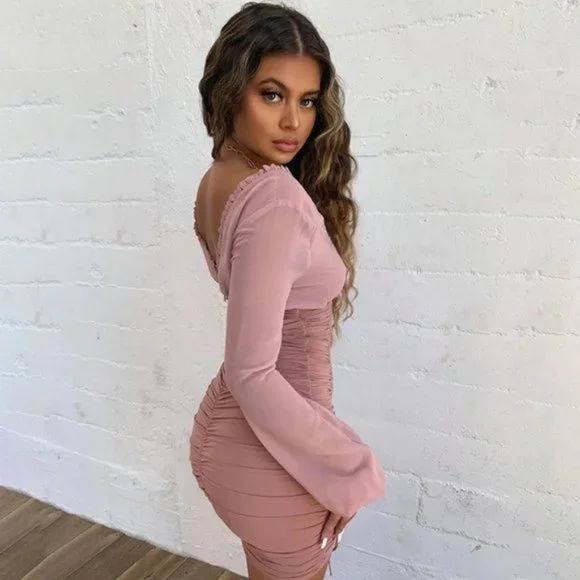 V Neck Long Sleeve Drawstring Bodycon Mini Dress - Picture 3 of 7